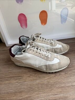 Morjas Men's Beige and White Leather Suede-Trim Casual Sneakers
